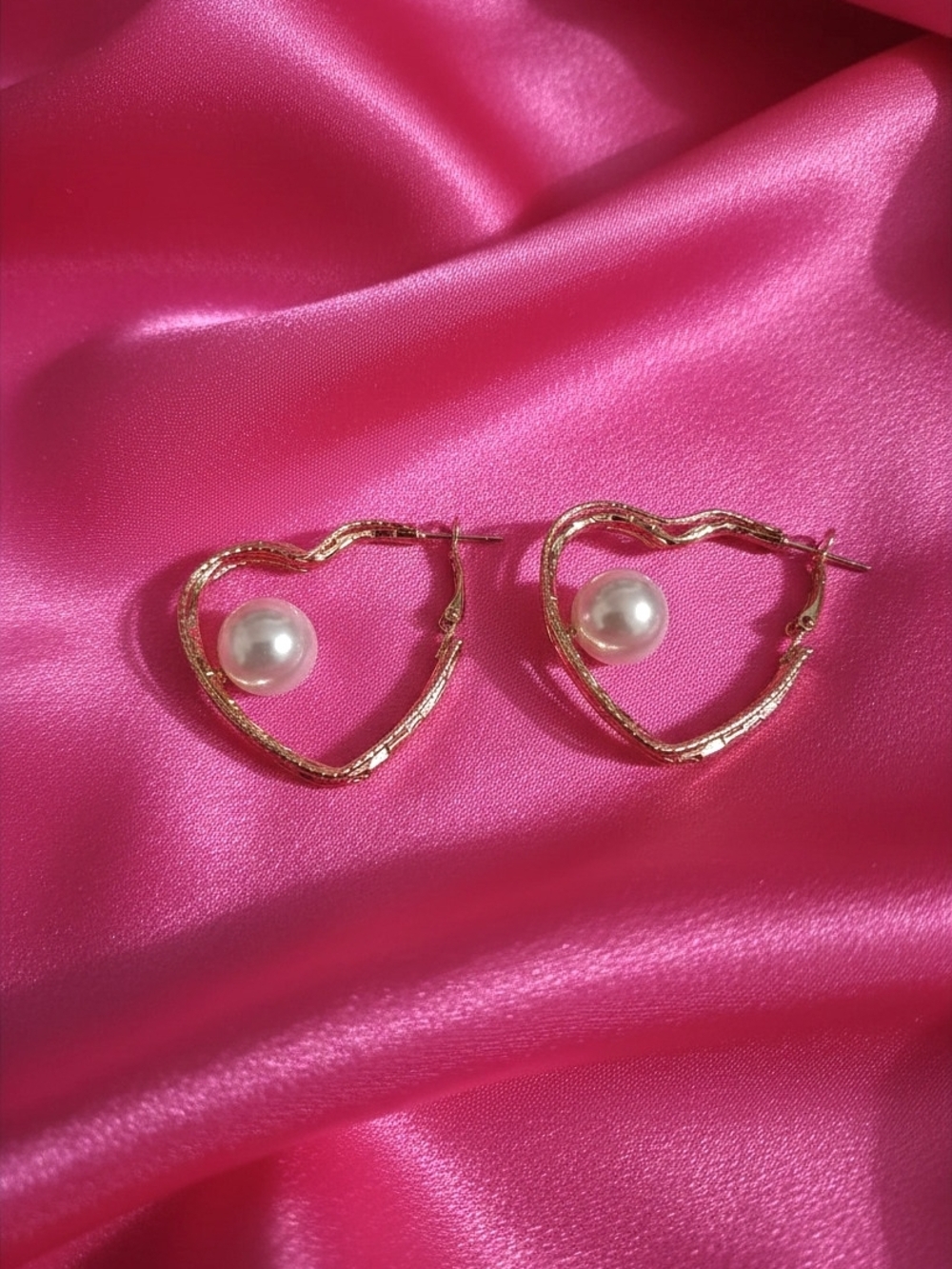 Gold‎ Heart Hoop Earrings with Pearl Accent - Women Jewelry